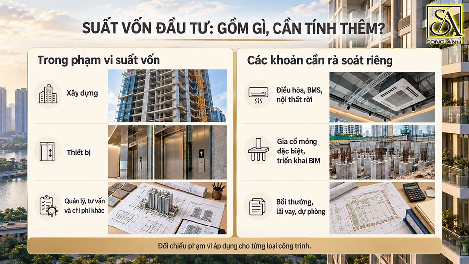 phân biệt chi phí trong suất vốn đầu tư và các khoản cần tính bổ sung cho dự án chung cư.